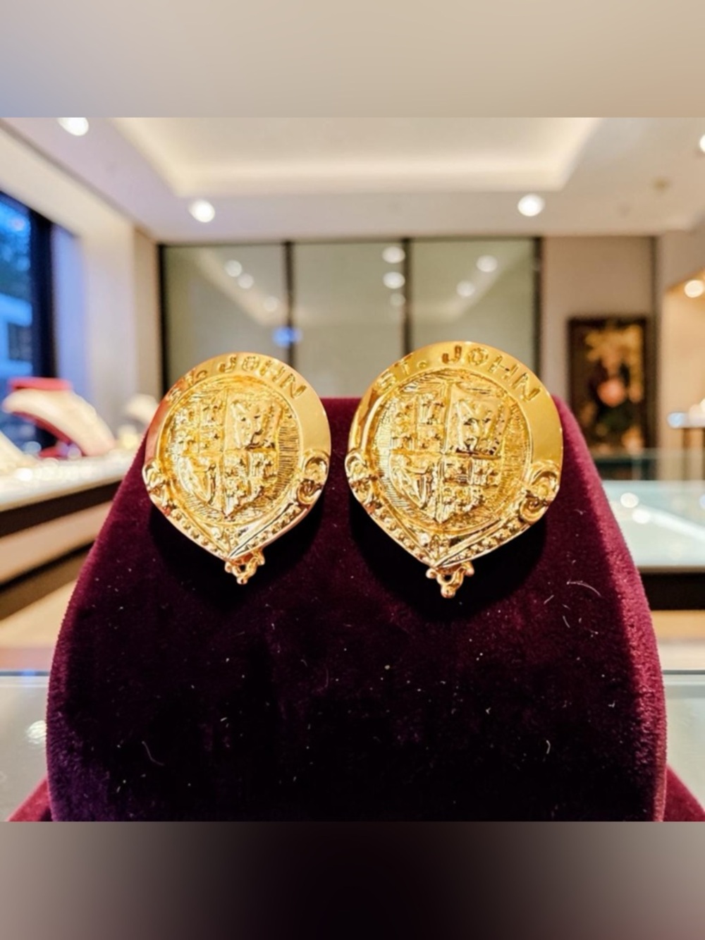 St. John Authentic Luxury Runway Vintage Couture Designer Crest Clip Earrings